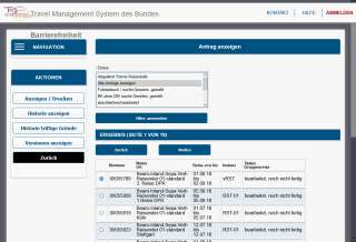 Bildschirmfoto von Auswahl Antrag (Tabelle)